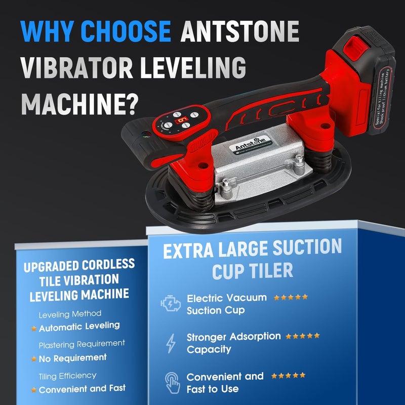 Antstone Tile Vibration Tool 250mm Suction Cup 882lbs/400kg Adsorption Handheld Tile Installation Leveling Machine Tile Vibrator Tool for Tiling Leveling Laying Max.28000r/Min 9 Speeds (Red) - Image 2